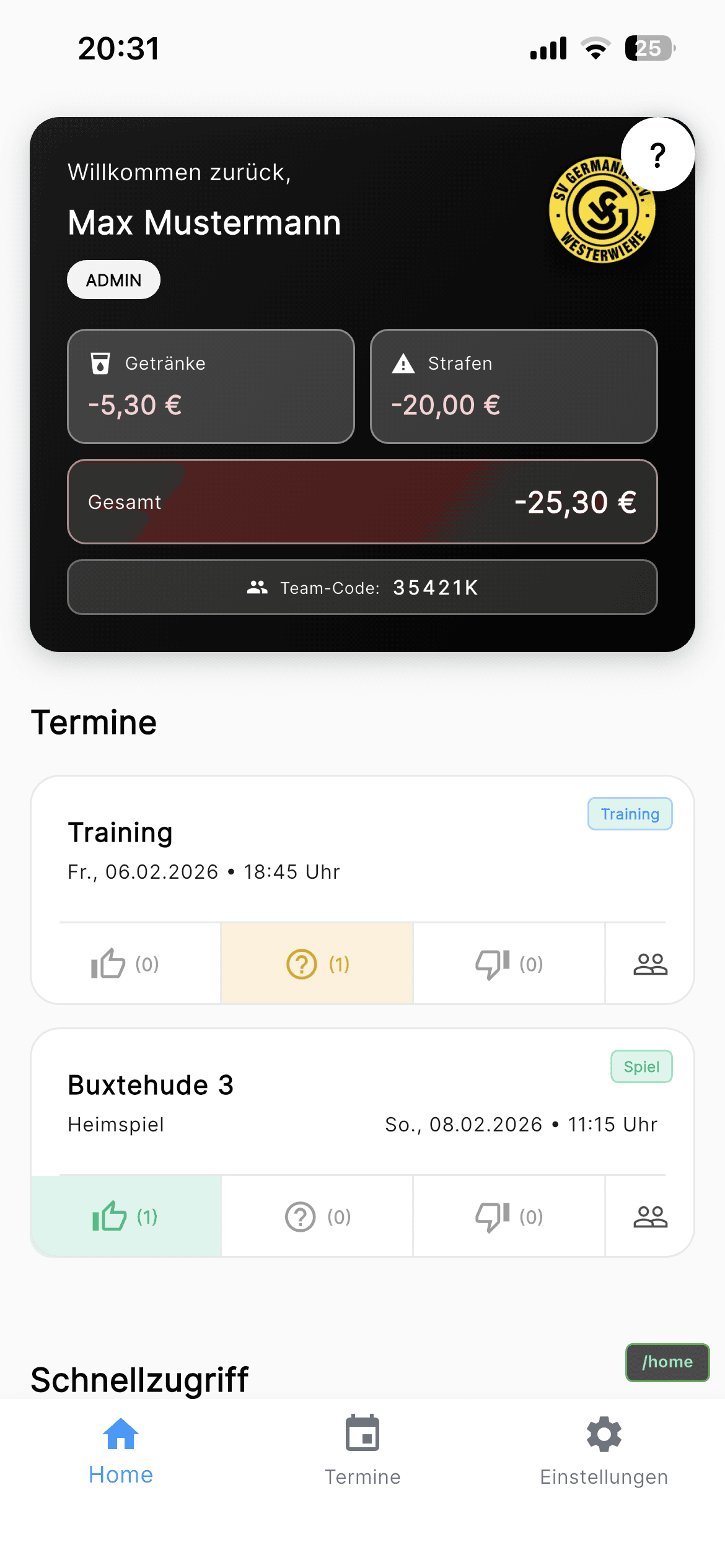Teamverwaltung App Screenshot - Digitale Mannschaftsverwaltung 2